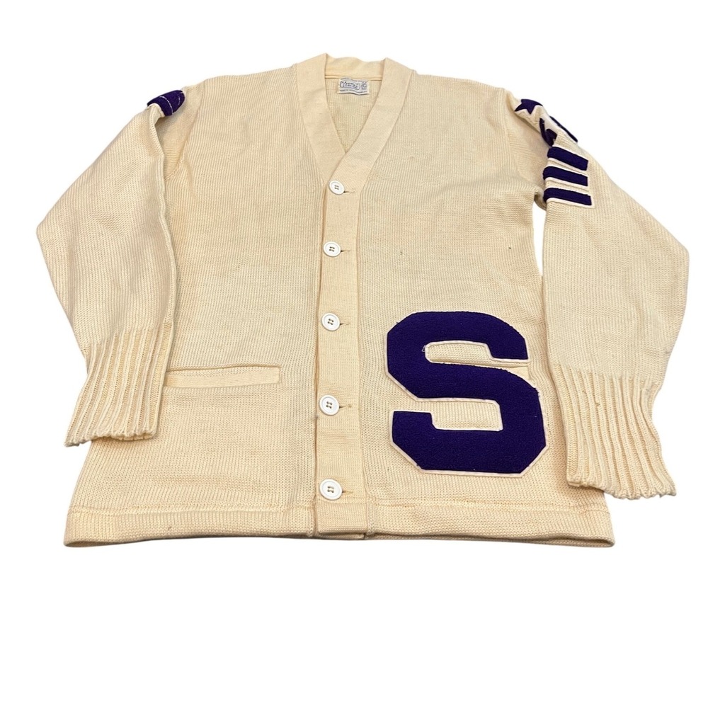 Yearite Letterman Cardigan Mens 42 Cream Purple Vintage Varsity V-Neck Sweater